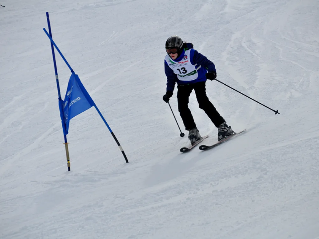 Skifahrer mit Startnummer 13 umfährt ein blaues Tor.